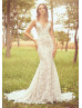 V Neck Ivory Lace Boho Wedding Dress With Champagne Lining